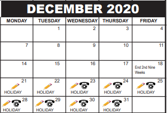 District School Academic Calendar for Potentials South for December 2020