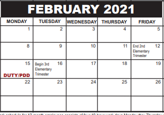 District School Academic Calendar for South Grade Elementary School for February 2021