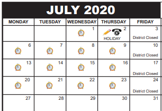 District School Academic Calendar for Pleasant City Elementary School for July 2020