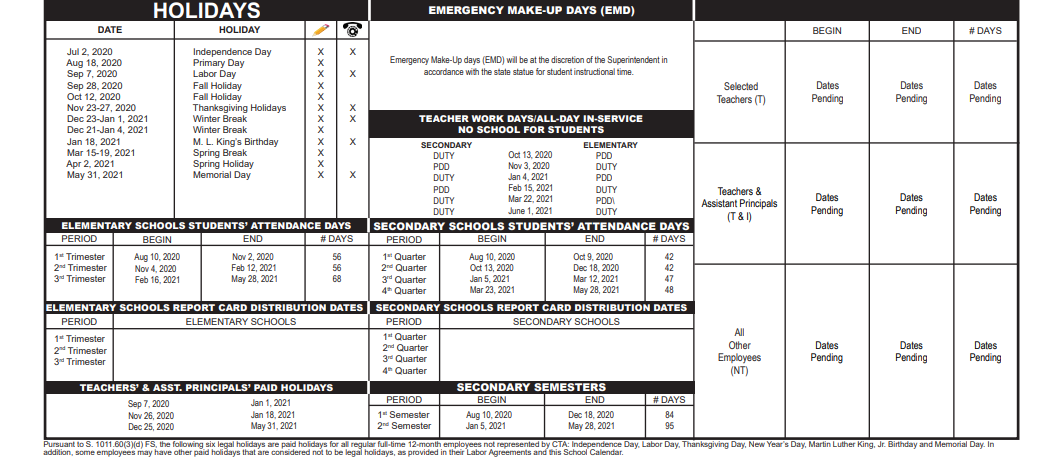 District School Academic Calendar Key for North Area Elementary Transition School