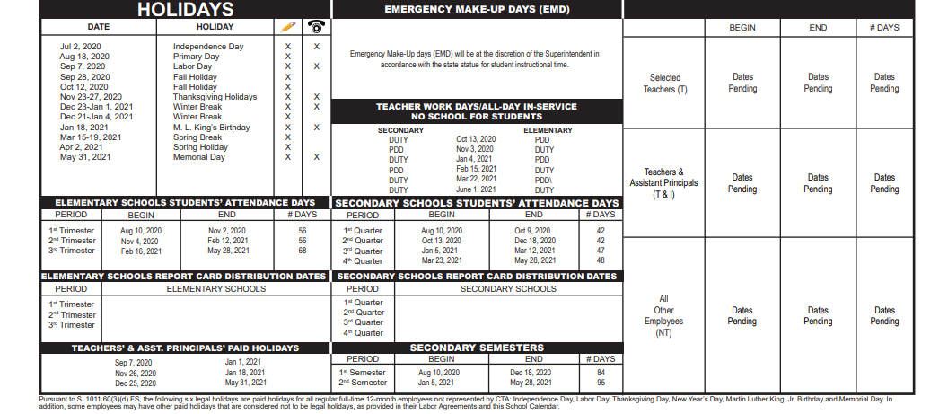 District School Academic Calendar Key for Jupiter High School