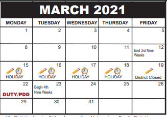 District School Academic Calendar for South Area Elementary Transition School for March 2021