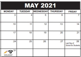 District School Academic Calendar for Palm Beach Gardens High Adult Education Center for May 2021