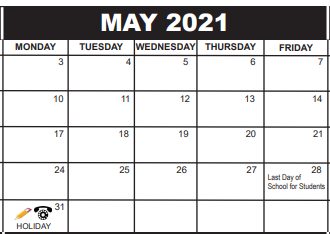 District School Academic Calendar for North Area Elementary Transition School for May 2021