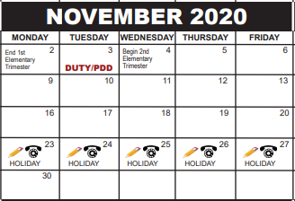 District School Academic Calendar for South Area Elementary Transition School for November 2020