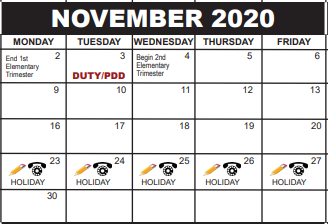 District School Academic Calendar for North Area Elementary Transition School for November 2020