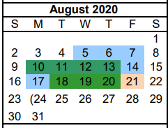 District School Academic Calendar for Pampa Junior High School for August 2020