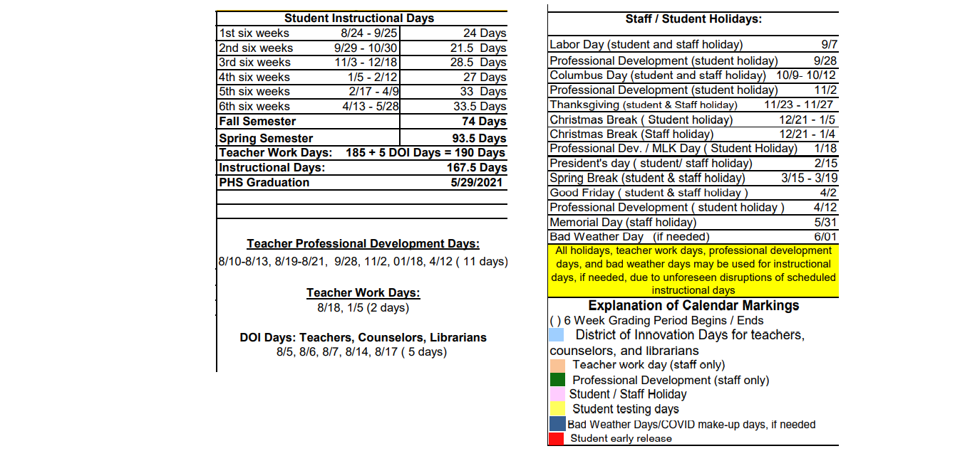 District School Academic Calendar Key for Pampa H S