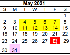 District School Academic Calendar for P L C-pampa Learning Ctr for May 2021