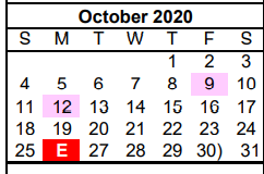 District School Academic Calendar for Pampa Junior High School for October 2020