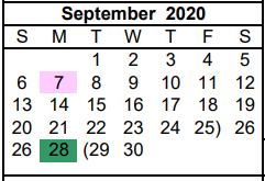District School Academic Calendar for Pampa Junior High School for September 2020