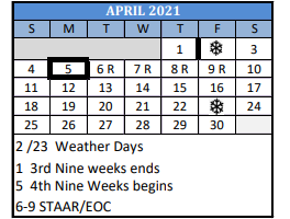 District School Academic Calendar for Travis J H for April 2021