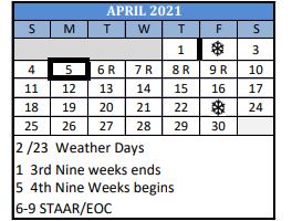 District School Academic Calendar for Justiss El for April 2021