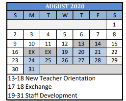 District School Academic Calendar for Special Services for August 2020