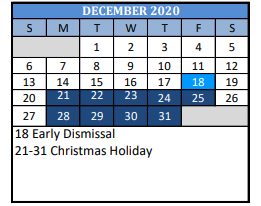 District School Academic Calendar for Travis J H for December 2020