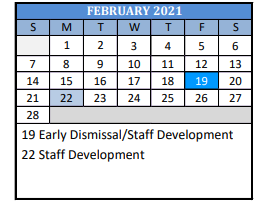 District School Academic Calendar for Special Services for February 2021