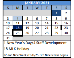 District School Academic Calendar for Special Services for January 2021