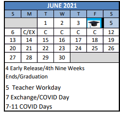 District School Academic Calendar for Special Services for June 2021