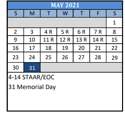District School Academic Calendar for Aikin El for May 2021