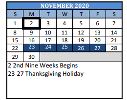District School Academic Calendar for Travis J H for November 2020