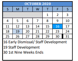 District School Academic Calendar for Special Services for October 2020
