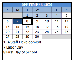 District School Academic Calendar for Special Services for September 2020
