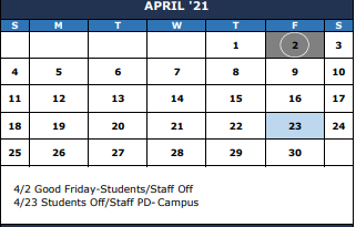 District School Academic Calendar for Pearl Hall Elementary for April 2021