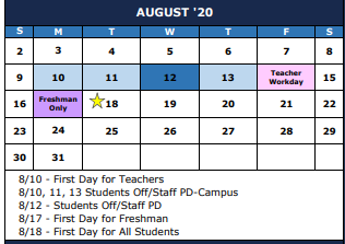 District School Academic Calendar for Earnesteen Milstead Middle School for August 2020