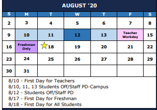 District School Academic Calendar for The Summit Intermediate for August 2020