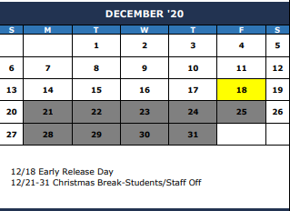 District School Academic Calendar for Burnett Guidance Ctr for December 2020