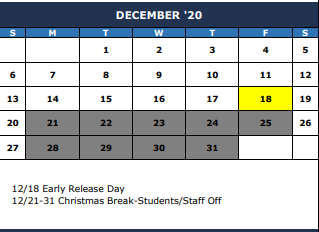 District School Academic Calendar for The Summit Intermediate for December 2020