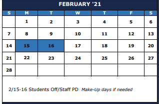 District School Academic Calendar for De Zavala Fifth Grade Center for February 2021