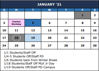 District School Academic Calendar for De Zavala Fifth Grade Center for January 2021