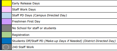 District School Academic Calendar Legend for The Summit Intermediate