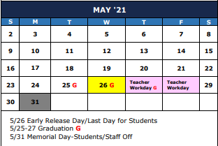 District School Academic Calendar for Earnesteen Milstead Middle School for May 2021