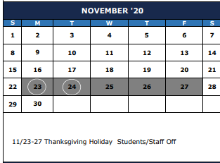 District School Academic Calendar for De Zavala Fifth Grade Center for November 2020