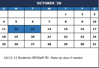 District School Academic Calendar for Burnett Guidance Ctr for October 2020