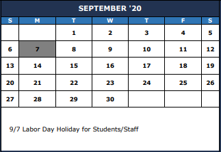 District School Academic Calendar for Park View Intermediate for September 2020