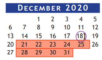 District School Academic Calendar for Brazoria Co J J A E P for December 2020