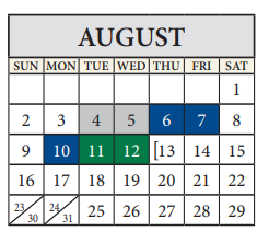 District School Academic Calendar for Travis Co J J A E P for August 2020