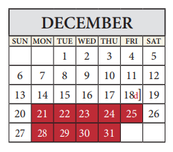 District School Academic Calendar for Travis Co J J A E P for December 2020