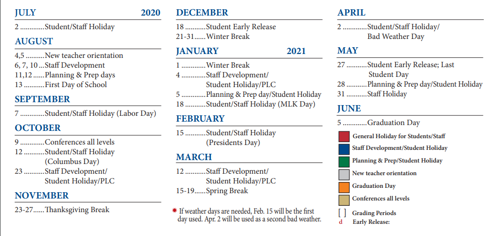 District School Academic Calendar Key for Delco Primary School