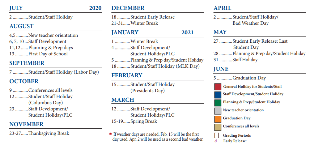 District School Academic Calendar Key for Westview Middle School