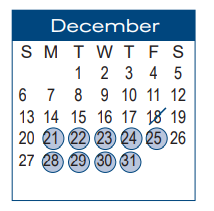 District School Academic Calendar for Central El for December 2020