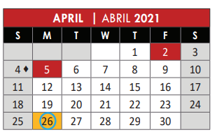 District School Academic Calendar for Head Start for April 2021
