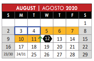 District School Academic Calendar for Head Start for August 2020