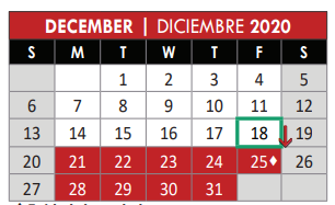 District School Academic Calendar for Night School for December 2020