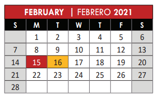 District School Academic Calendar for Itinerant Sp Ed for February 2021