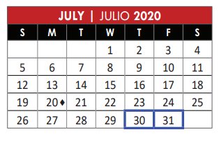 District School Academic Calendar for Memorial Elementary School for July 2020