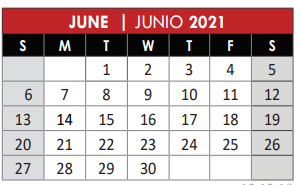 District School Academic Calendar for Even Start Program for June 2021
